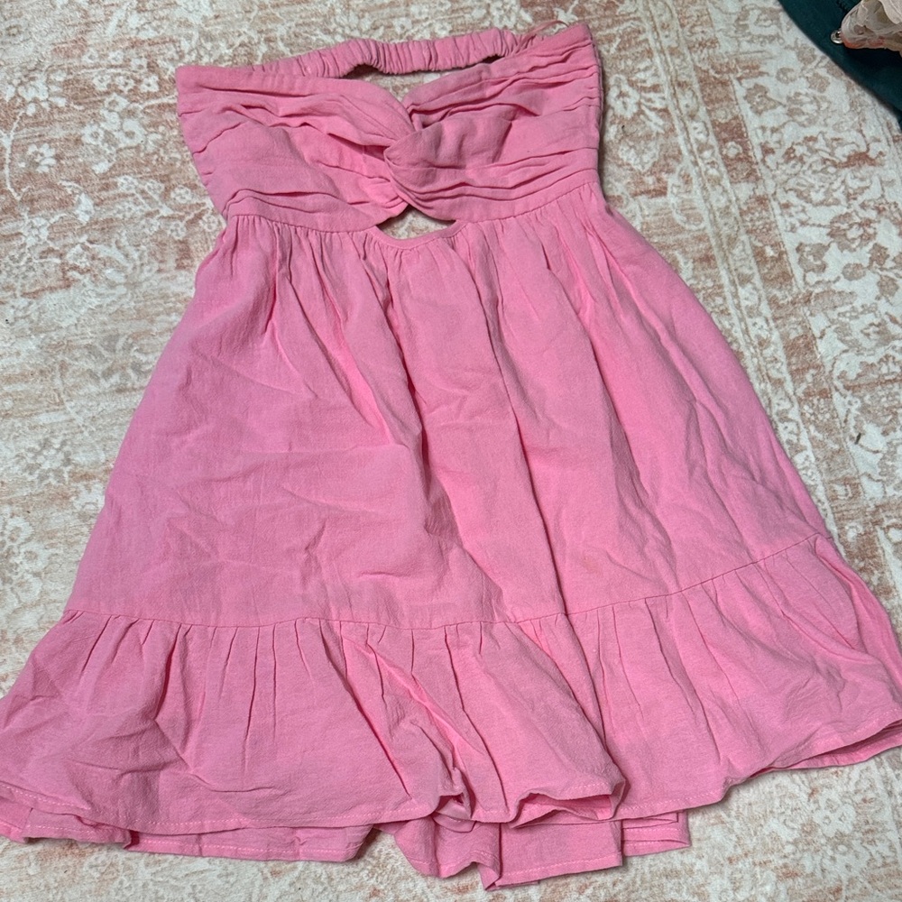 pink strapless mini dress with built in shorts